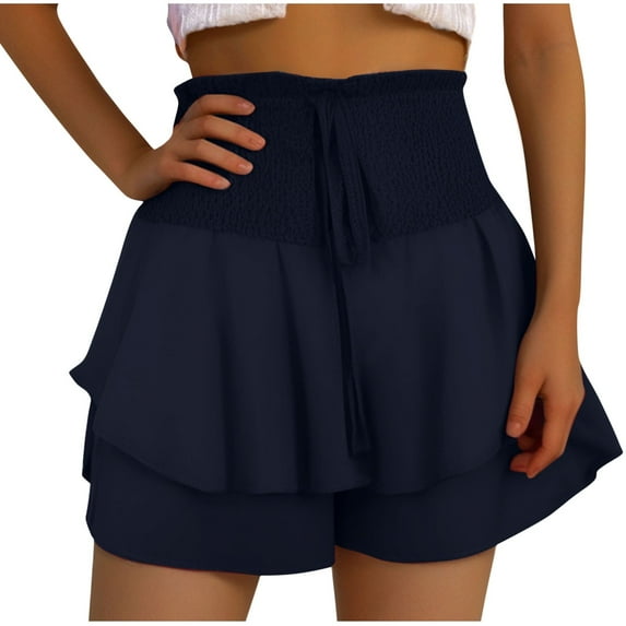 WREESH Womens Shorts Summer Solid Color Lace High Waisted Double Layered Hem Casual Shorts Navy