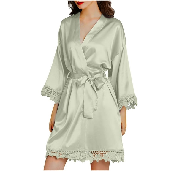 WREESH Womens Silk Pajamas Casual Homewear Long-Sleeve V-Neck Dress Color Lace Night-Robe One Size Mint Green