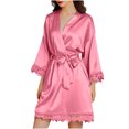 thumbnail image 1 of WREESH Womens Silk Pajamas Casual Homewear Long-Sleeve V-Neck Dress Color Lace Night-Robe One Size Pink, 1 of 8