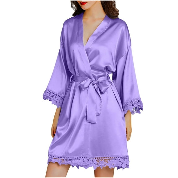WREESH Womens Silk Pajamas Casual Homewear Long-Sleeve V-Neck Dress Color Lace Night-Robe One Size Purple