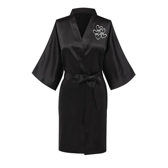 WREESH Womens Silk Pajamas Satin Nightgown Fashionable Front And Back Printed Solid Color Ice Silk Bathrobe Home Clothing Black