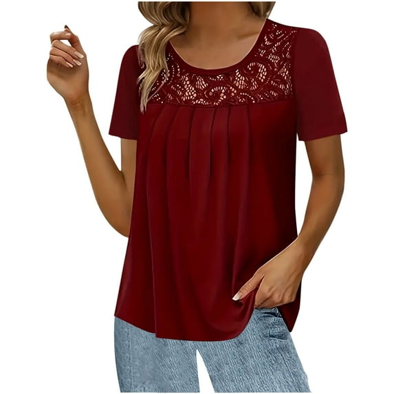 WREESH Womens Solid Color Tunic Tops Fashion Lace Splicing Round Neck Short Sleeve T-Shirt Blouse Tops Wine