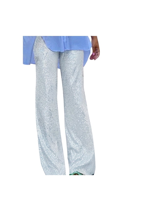 Womens Sparkle Wide Leg Sequin Pants Fashion Color Sequins Fashion Casual Straight Leg Pants Silver