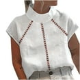 thumbnail image 1 of WREESH Womens Spring Summer Business Casual Tops Solid Color Casual High Neck Top Cotton Linen Hollow Out Design Short Sleeve Blouses White, 1 of 6