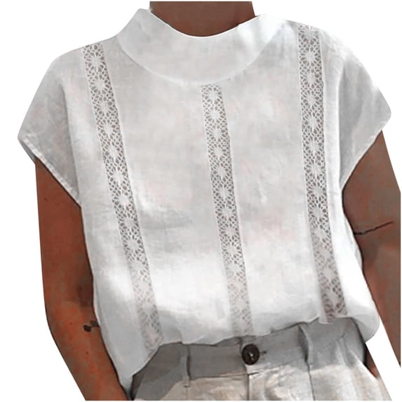 WREESH Womens Spring Summer Business Casual Tops Solid Color Casual High Neck Top Cotton Linen Lace Short Sleeve Blouses White