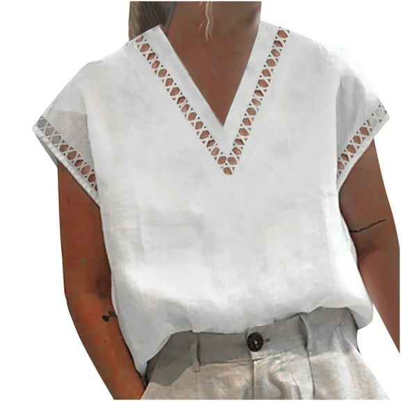 WREESH Womens Spring Summer Business Casual Tops Solid Color Casual V Neck Top Cotton Linen Hollow Out Design Short Sleeve Blouses White