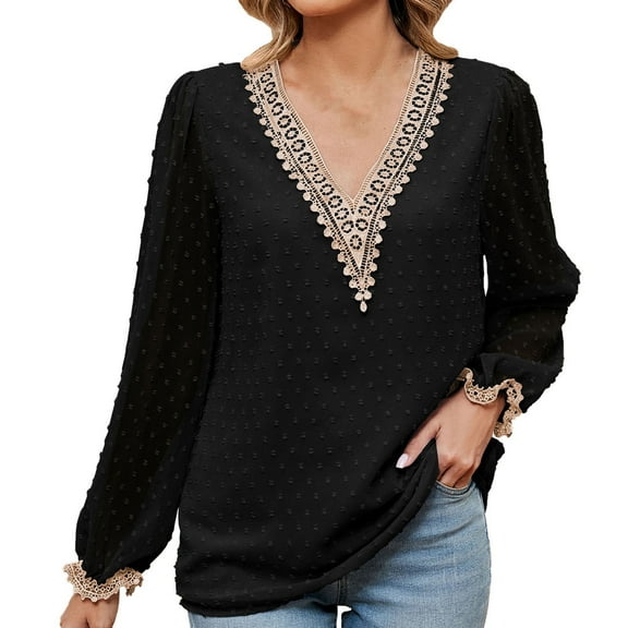 WREESH Womens Spring Summer Chiffon Blouses Long Sleeve Lace Patch V Neck Casual Loose Solid Color Blouse Tunic Tops Black