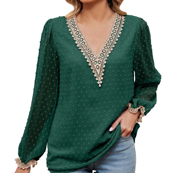 WREESH Womens Spring Summer Chiffon Blouses Long Sleeve Lace Patch V Neck Casual Loose Solid Color Blouse Tunic Tops Olive Green