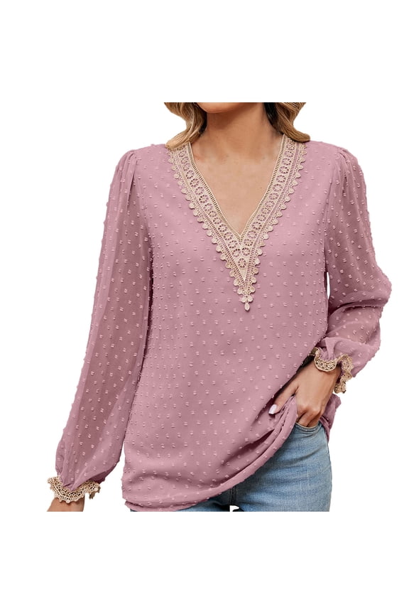 Womens Spring Summer Chiffon Blouses Long Sleeve Lace Patch V Neck Casual Loose Solid Color Blouse Tunic Tops Pink