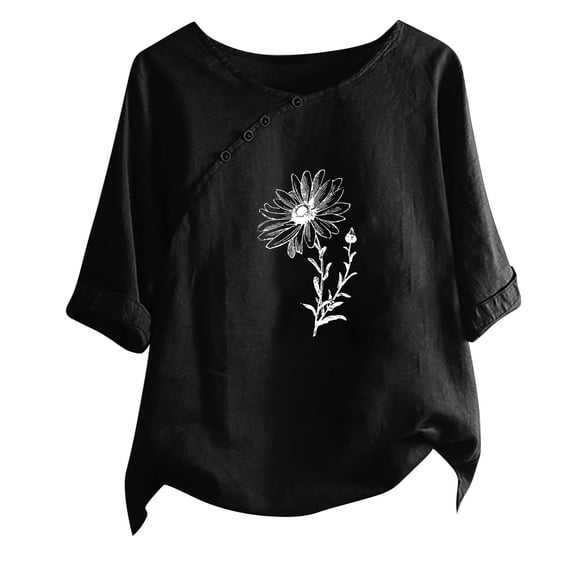 WREESH Womens Spring Summer T-Shirts Fashion Printed T-Shirt Short Sleeves Blouse Round Neck Casual Tops Black