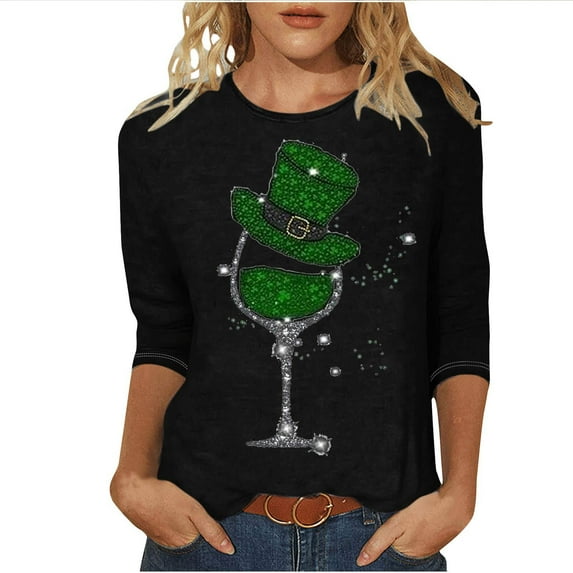 WREESH Womens St. Patrick's Day Shirt Fashion 3/4 Sleeves Blouses Shamrocks Printed Graphic Tees Crewneck T-Shirt Casual Loose Pullover Tops Black