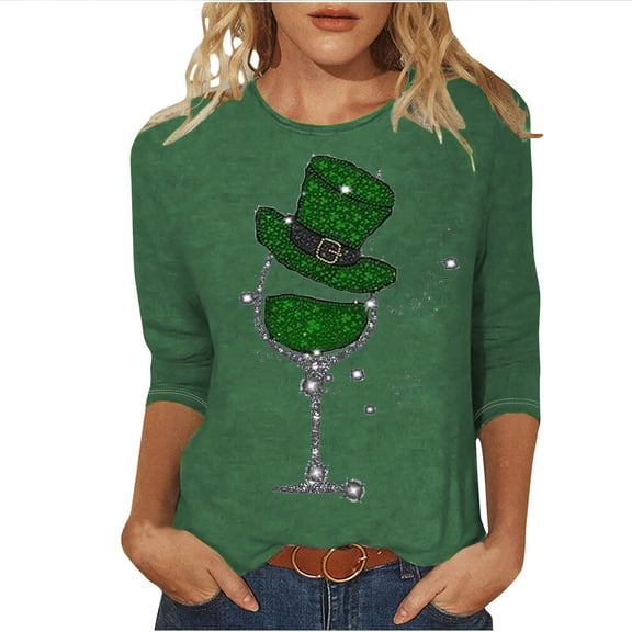WREESH Womens St. Patrick's Day Shirt Fashion 3/4 Sleeves Blouses Shamrocks Printed Graphic Tees Crewneck T-Shirt Casual Loose Pullover Tops Green