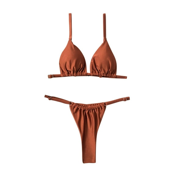 WREESH Womens String Bikini Sets Bikini Split Swimwear Solid Bikini Two-Piece Split Swimwear Set Beach Bathing Suit Coffee