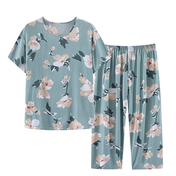 WREESH Womens Summer 2 Piece Set Cotton Linen Pajama Sets Short Sleeve Round Neck Pajama Set Printed Tops Pants Set Green