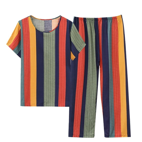 WREESH Womens Summer 2 Piece Set Cotton Linen Pajama Sets Short Sleeve Round Neck Pajama Set Printed Tops Pants Set Multicolor