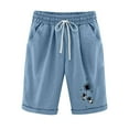 thumbnail image 1 of WREESH Womens Summer Beach Shorts Cotton Linen Shorts Fashion Short Printed Tight High Waist Pocket Elasticity Sports Half Shorts Blue, 1 of 6