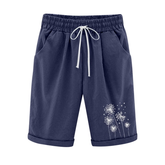 WREESH Womens Summer Beach Shorts Printed Five Points Plus Size Cotton Linen Shorts Casual Shorts Dark Blue