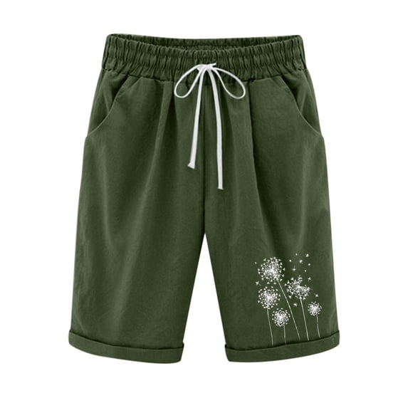 WREESH Womens Summer Beach Shorts Printed Five Points Plus Size Cotton Linen Shorts Casual Shorts Green