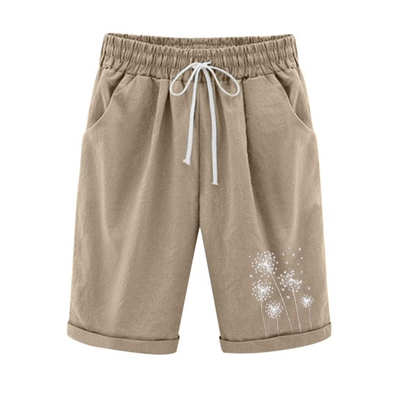 WREESH Womens Summer Beach Shorts Printed Five Points Plus Size Cotton Linen Shorts Casual Shorts Khaki