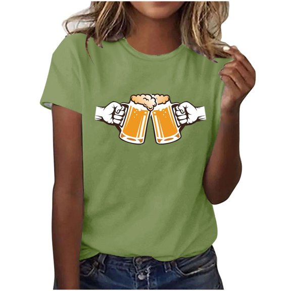 WREESH Womens Summer Beer Print T-Shirts Oktoberfest Tee Tops Casual Basic Crewneck Short Sleeve Pullover Slim Fit Soft Workout Shirts Olive Green