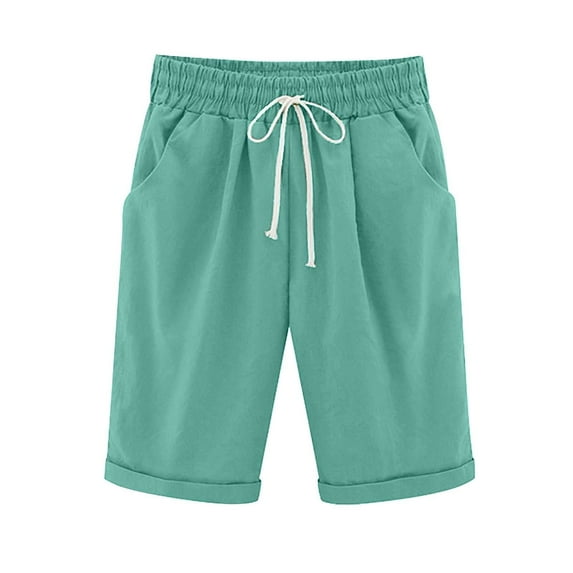 WREESH Womens Summer Bermuda Shorts Elastic Waist Drawstring Shorts Solid Color Cotton Linen Shorts Five Points Large Size Casual Shorts Green