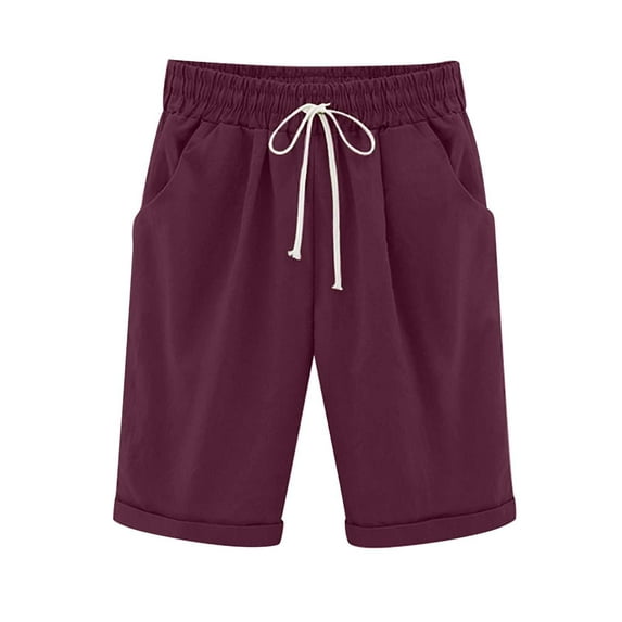 WREESH Womens Summer Bermuda Shorts Solid Elastic Waist Drawstring Shorts Cotton Linen Shorts Five Points Large Size Casual Shorts Wine