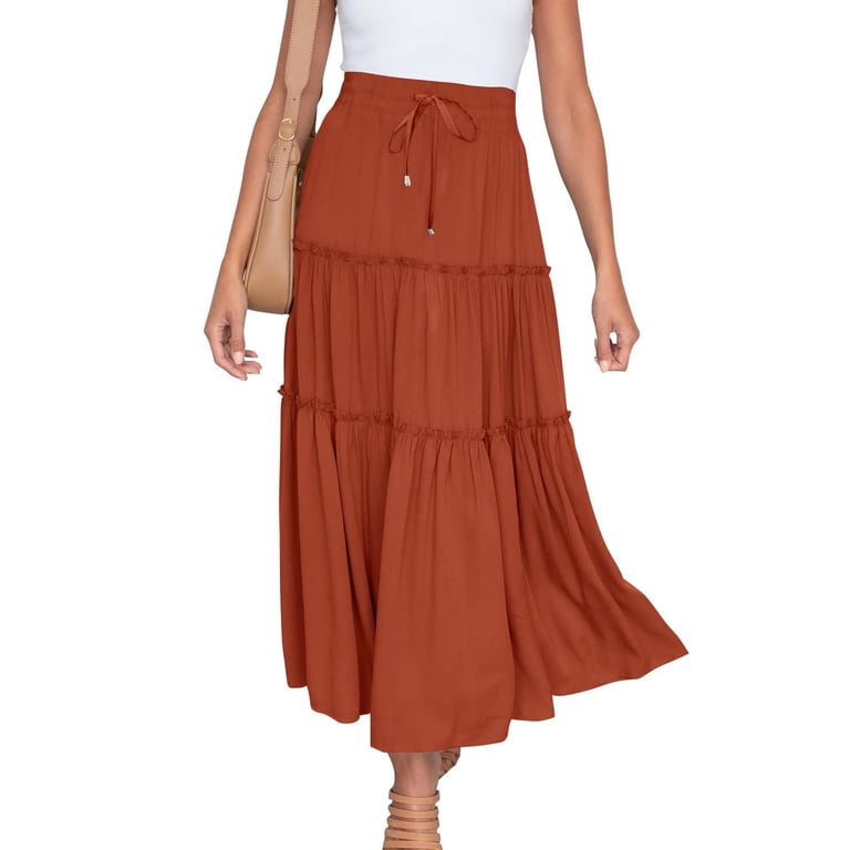 WREESH Womens Summer Boho Elastic High Waist Maxi Skirt Solid