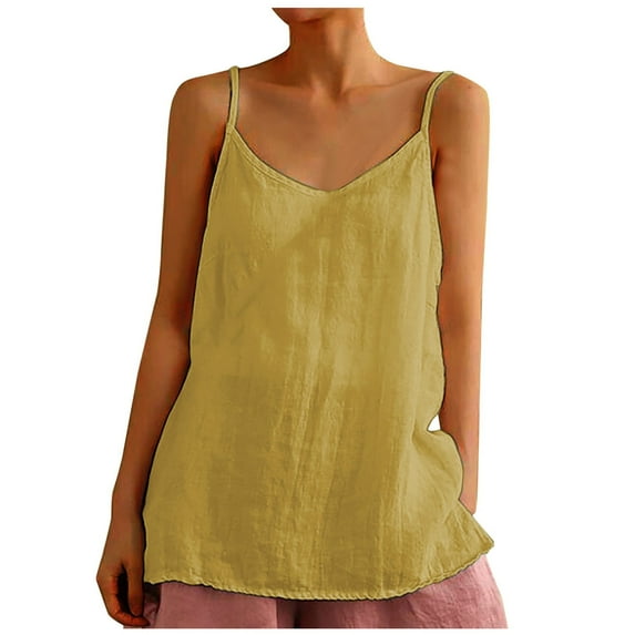 WREESH Womens Summer Camisole Shirt Solid Color V-Neck Spaghetti Strap Tank Tops Loose Casual Sleeveless Cotton Linen Blouses Yellow