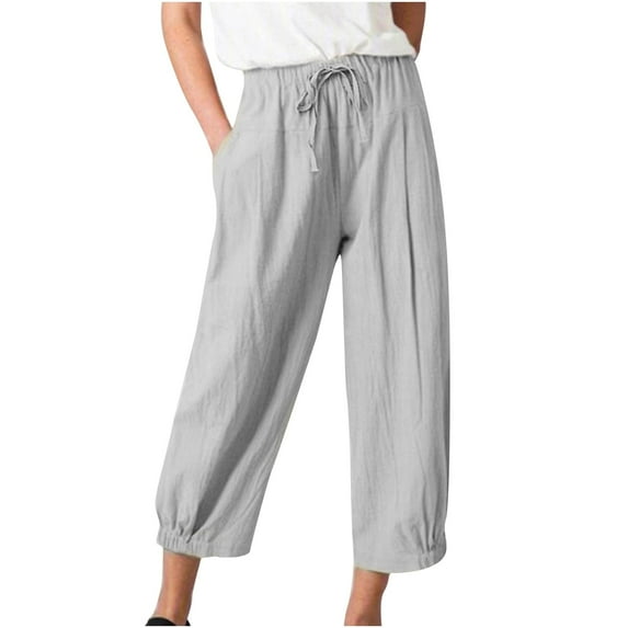 WREESH Womens Summer Capri Pants Cotton Linen Pants Casual Loose Solid Color Pockets Elastic Waist Comfortable Ankle-Length Pants Gray