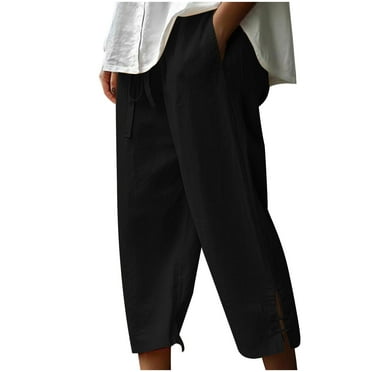 WREESH Womens Summer Capri Pants Cotton Linen Pants Solid Fashion Casual Loose Pockets Elastic Waist Drawstring Trousers Cropped Pants Black