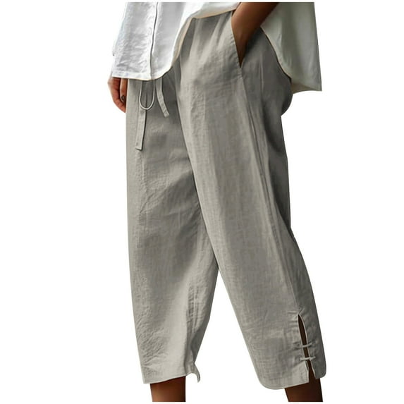WREESH Womens Summer Capri Pants Cotton Linen Pants Solid Fashion Casual Loose Pockets Elastic Waist Drawstring Trousers Cropped Pants Gray