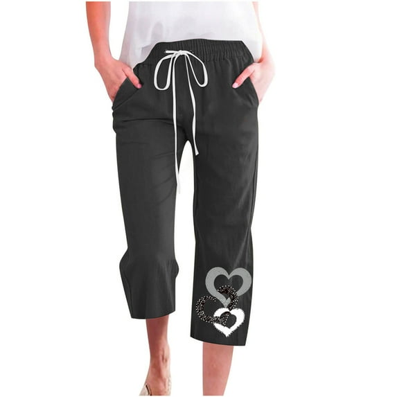 WREESH Womens Summer Capri Pants Printed Cropped Pants for Casual Cotton Linen 3/4 Pants Wide Leg Black