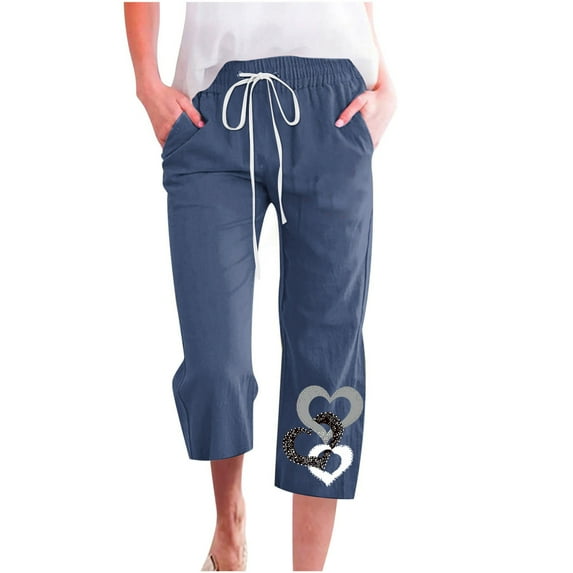 WREESH Womens Summer Capri Pants Printed Cropped Pants for Casual Cotton Linen 3/4 Pants Wide Leg Navy
