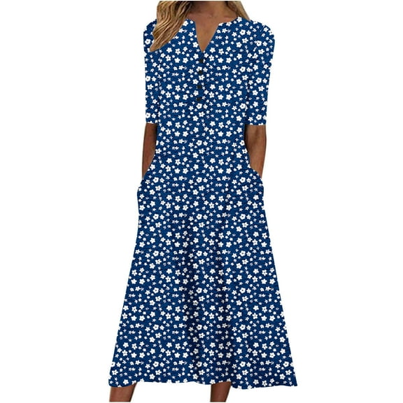 WREESH Womens Summer Casual Boho Dress Floral Print Midi Beach Dresses Fashion V-Neck Button Short Sleeve Vacation Dress Blue