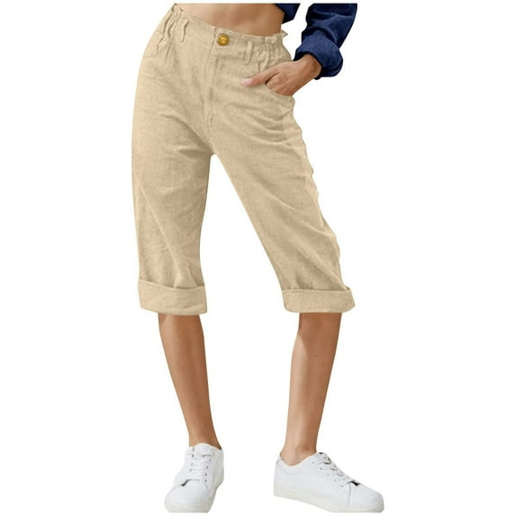 WREESH Womens Summer Casual Linen Pants Capri Pants High Waisted Wide Leg Cropped Pants Solid Color Casual Boho Beach Pants Beige