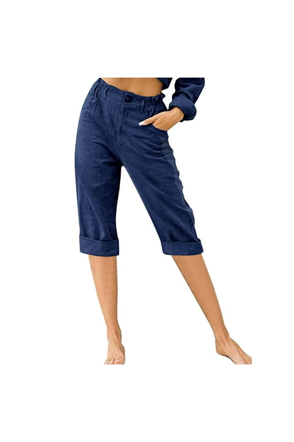 Womens Summer Casual Linen Pants Capri Pants High Waisted Wide Leg Cropped Pants Solid Color Casual Boho Beach Pants Navy