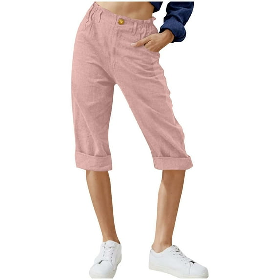 WREESH Womens Summer Casual Linen Pants Capri Pants High Waisted Wide Leg Cropped Pants Solid Color Casual Boho Beach Pants Pink