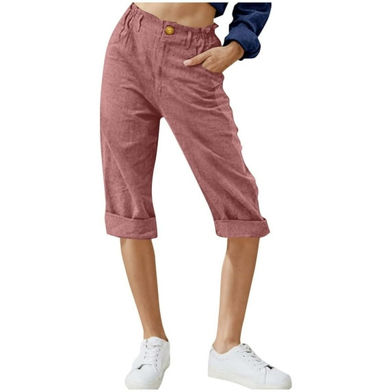 WREESH Womens Summer Casual Linen Pants Capri Pants High Waisted Wide Leg Cropped Pants Solid Color Casual Boho Beach Pants Wine
