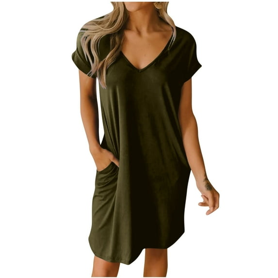 WREESH Womens Summer Casual T Shirt Dresses Beach Dress Fashion Loose Short Sleeve V-Neck Solid Mini Dress with Pockets Olive Green