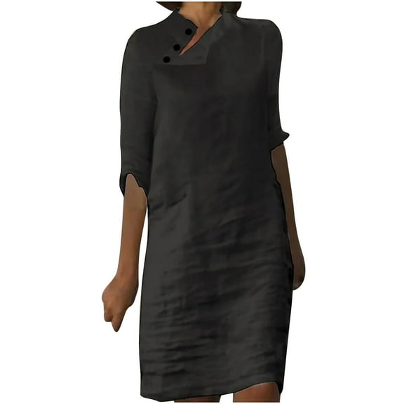WREESH Womens Summer Cotton Linen Dress Fashion Casual Solid Color 3/4 Sleeve Button V Neck Dress Beach Dresses Black