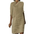 thumbnail image 1 of WREESH Womens Summer Cotton Linen Dress Fashion Casual Solid Color 3/4 Sleeve Button V Neck Dress Beach Dresses Khaki, 1 of 6