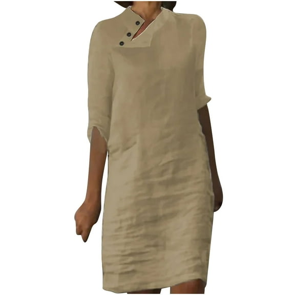 WREESH Womens Summer Cotton Linen Dress Fashion Casual Solid Color 3/4 Sleeve Button V Neck Dress Beach Dresses Khaki