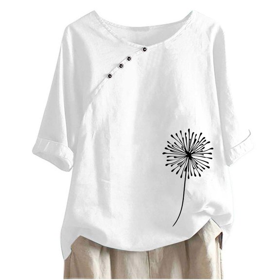 WREESH Womens Summer Cotton Linen Shirts 1/2 Sleeve Casual Round Neck Printed Loose Button Tunic Shirt Blouse Tops White