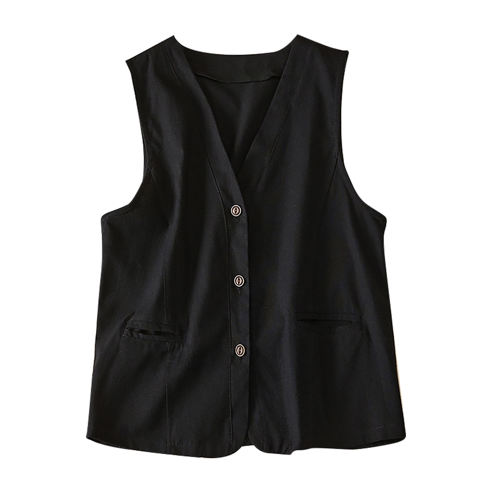 WREESH Womens Summer Cotton Linen Vest Casual V-Neck Button Vest Solid ...