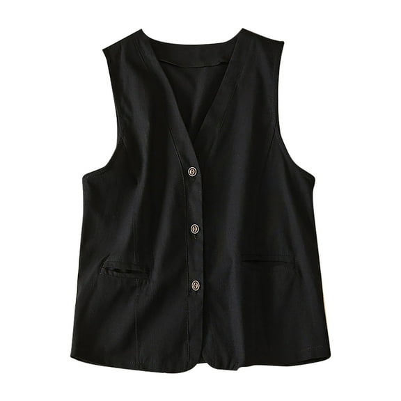 WREESH Womens Summer Cotton Linen Vest Casual V-Neck Button Vest Solid Thin Sleeveless Waistcoat Jackets Black