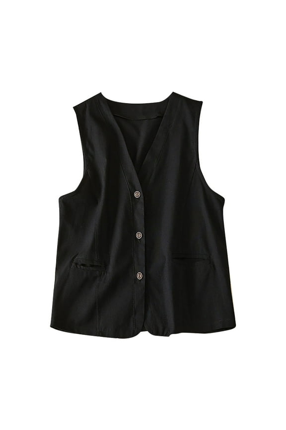 Womens Summer Cotton Linen Vest Casual V-Neck Button Vest Solid Thin Sleeveless Waistcoat Jackets Black