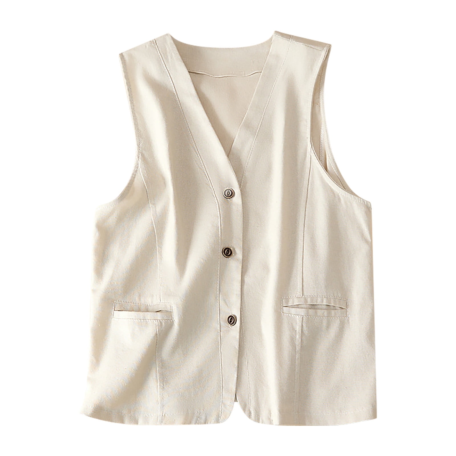 WREESH Womens Summer Cotton Linen Vest Casual V Neck Button Vest Solid Thin Sleeveless Waistcoat Jackets White