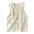 thumbnail image 1 of WREESH Womens Summer Cotton Linen Vest Casual V-Neck Button Vest Solid Thin Sleeveless Waistcoat Jackets White, 1 of 7