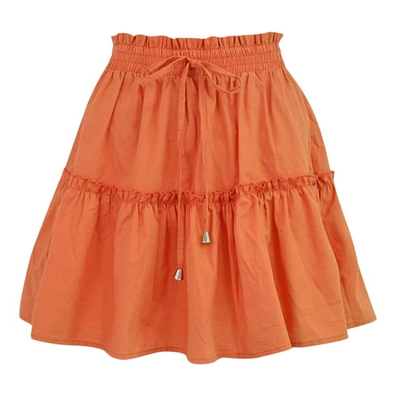 WREESH Womens Summer Cute High Waist Ruffle Skirt Fashion Solid Color Swingbeach Mini Skirt Pleated Layered Short Skirts Orange