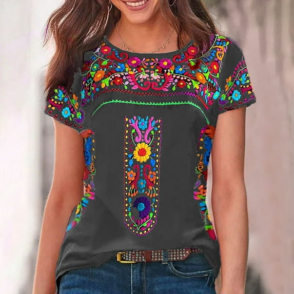 WREESH Womens Summer Ethnic Style T-Shirts Fashion Causal Round Neck Printing Blouse Short Sleeve T-Shirt Summer Tops Gray